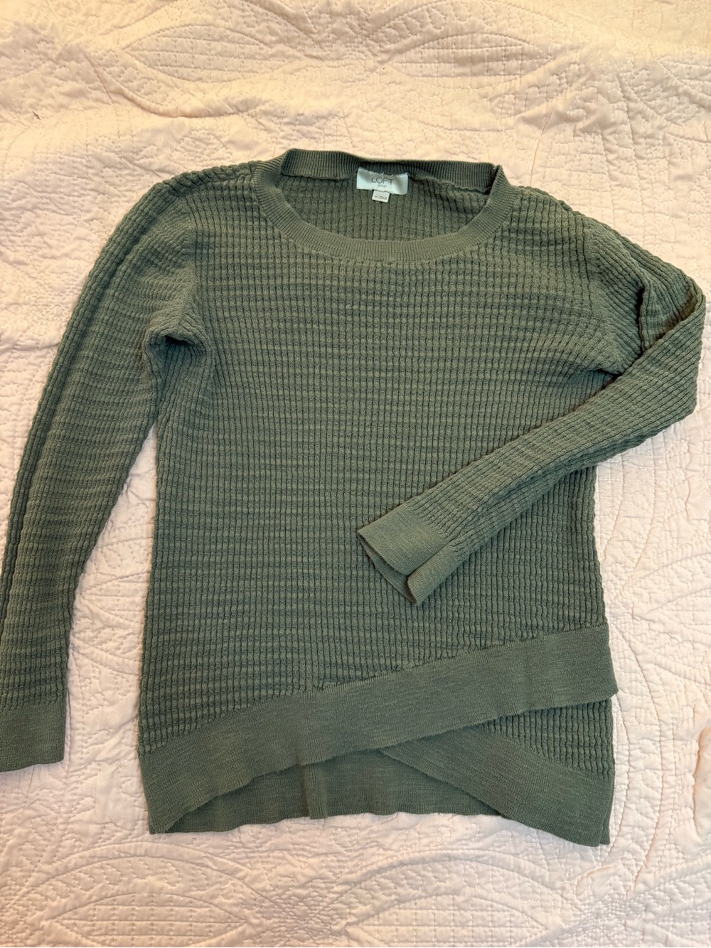 LOFT Sage Green Waffle-Knit Crewneck Sweater